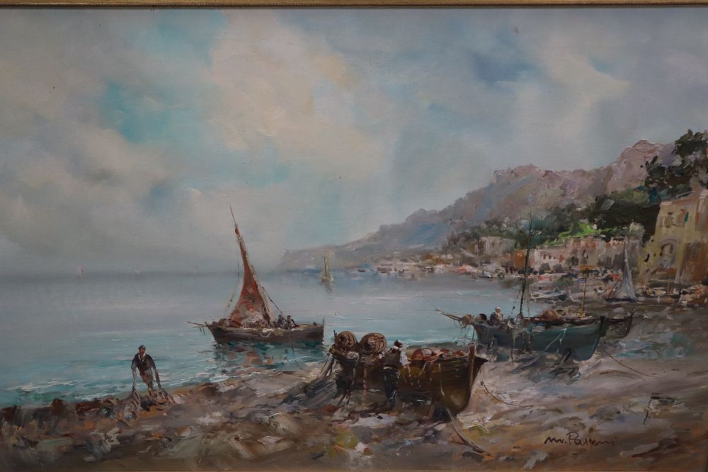 Italian School, oil on canvas, Fishing boats along the coast, indistinctly signed, 60 x 91cm